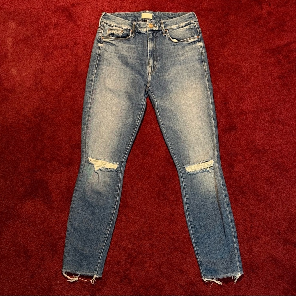 MOTHER High Waisted Looker Ankle Fray Blue Distressed Jeans